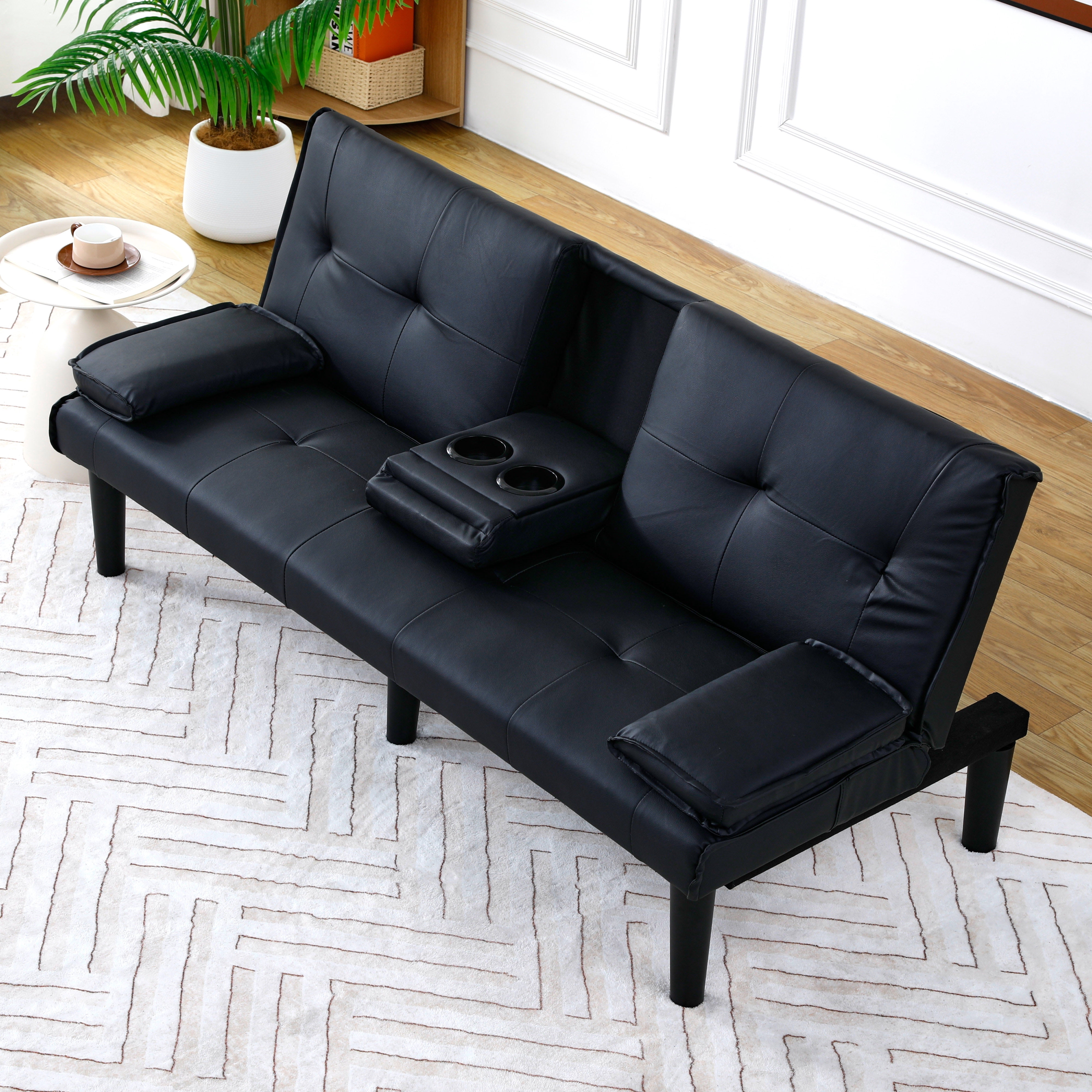 Gewnee 67 Inch Futon Sofa Bed,PVC Loveset Sofa with Cup Holder,Modern Sleeper Couch Bed for Apartment/Dorm/Small Office.Black