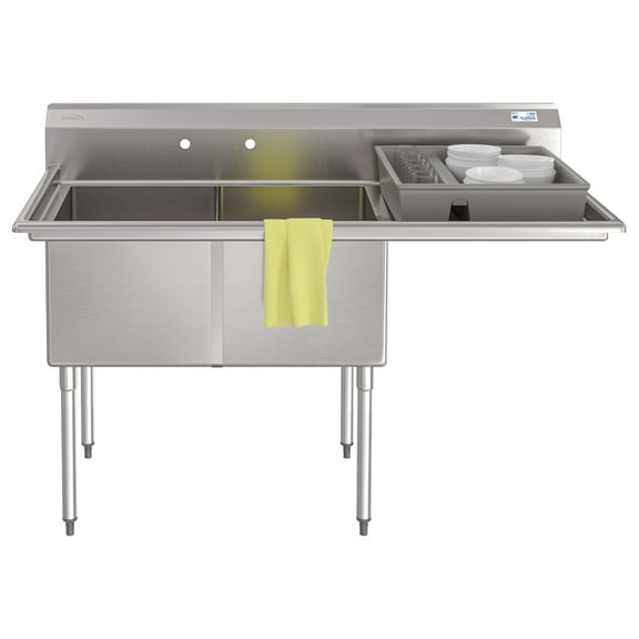 63 in. 18-Gauge 2-Compartment Commercial Sink with Backsplash and 24 in. Right Drainboard, Bowl dimensions 18"x24"x14" in Stainless-Steel (KM-SB182414-24R3)