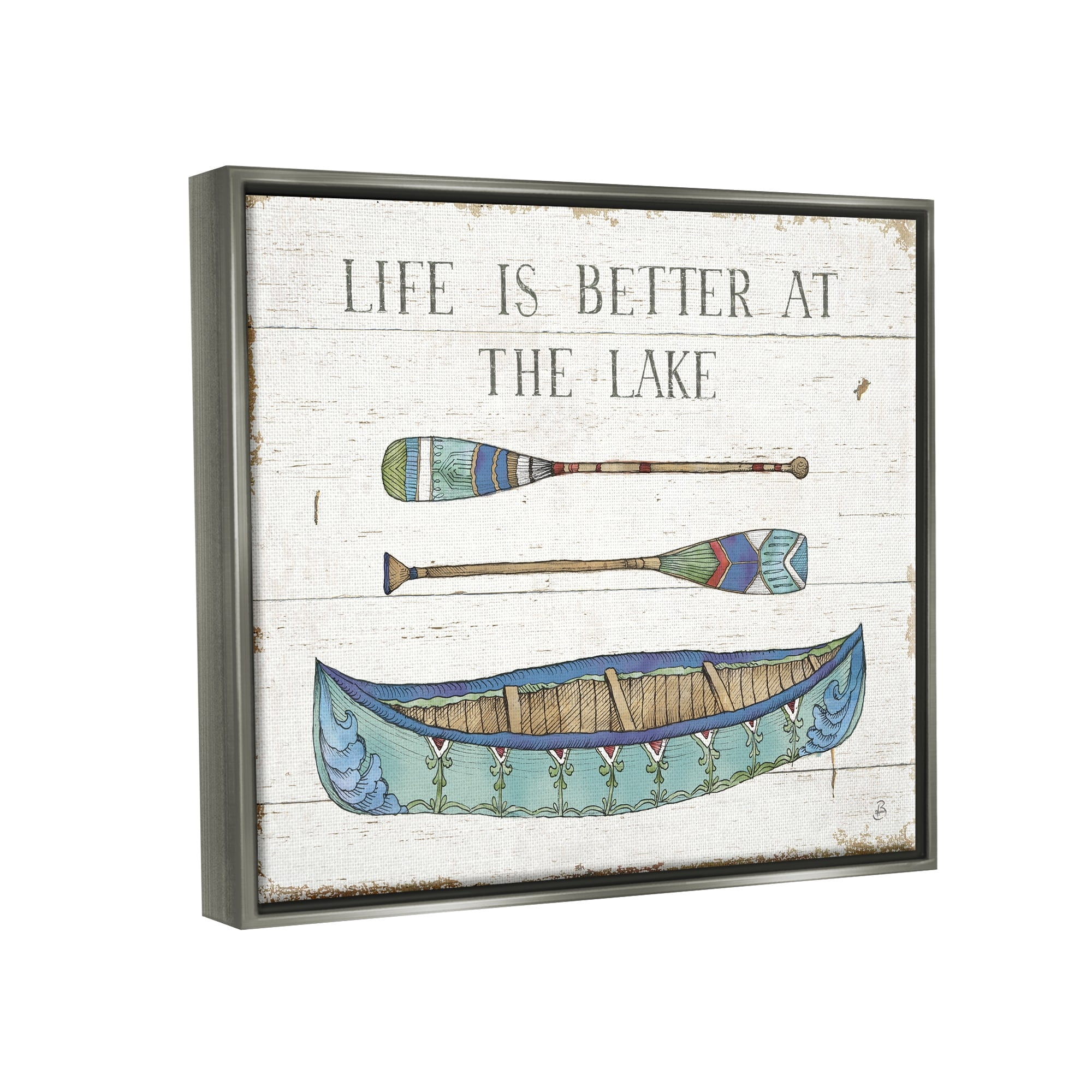 Stupell Industries Life Better At Lake Rustic Canoe Ores Grain Pattern Graphic Art Luster Gray Floating Framed Canvas Print Wall Art, Design by Daphne Brissonnet