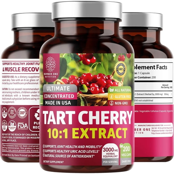 N1N Premium Tart Cherry Extract Capsules, 3000 mg for Joint Health and Mobility, 200 Veggie Caps
