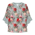 thumbnail image 3 of Womens Tshirts Cotton Loose Fitted New Womens Tops 3/4 Length Sleeves Floral Shirts Flowy Ruffle Sleeve Tops Half Button down Shirt Summer V Neck Blouse XL, 3 of 5
