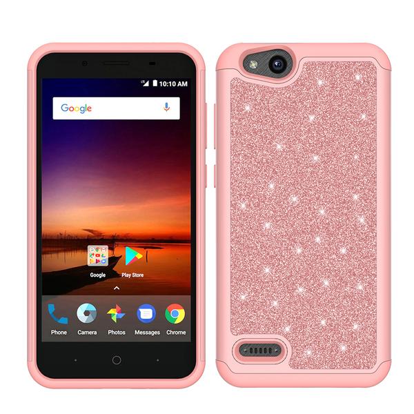 ZTE ZFive G LTE Z557BL / ZTE ZFive C Z558VL / ZTE Avid 4 /ZTE Fanfare 3 /ZTE Blade Vantage / ZTE Tempo X /ZTE Tempo Go Glitter Bling Hybrid Case with [HD Screen Protector] Phone Case Cover - Rose Gold - image 2 of 5