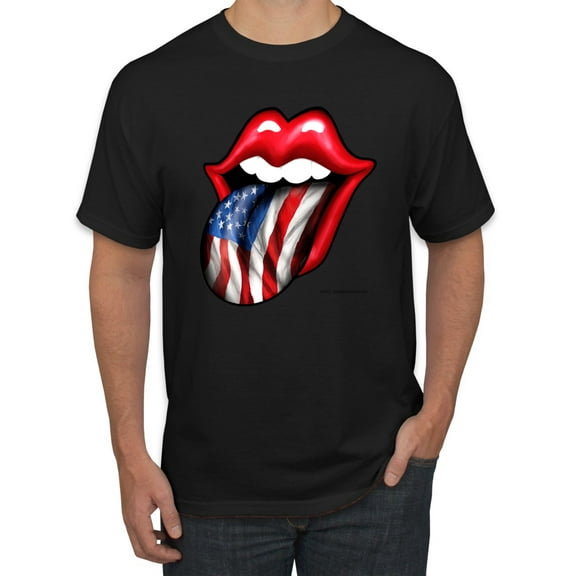 Wild Bobby, American Flag Lips Tongue Out, Men Graphic Tees, Black, Small