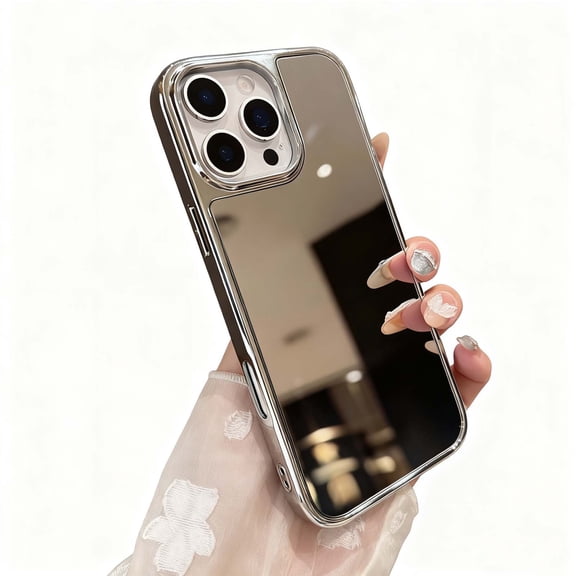 For iPhone 16 Pro Max Mirror Phone Case,for Women Girls,Makeup Cute Luxury Glossy Mirror Back,Ultra Slim Shockproof Anti-fall Drop Protection,Electroplated Frame Design,Rugged Phone Case,Silver