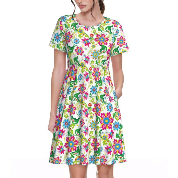 Easygdp Vector Mexican Otomi Style Bright para Vestido Transpirable de Mujer, Vestido Suelto de Manga Corta con Pliegues y Bolsillos para el Verano