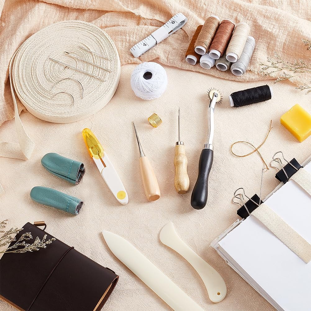 Book Binding Tool Kits Bookbinding Starter Tools Set with Needles Scissor Awl Tracing Wheel Tape Measure Thimble Cotton Threads Ribbon Natural Bee Wax Binder Clips for Bookbinding Supplies DIY