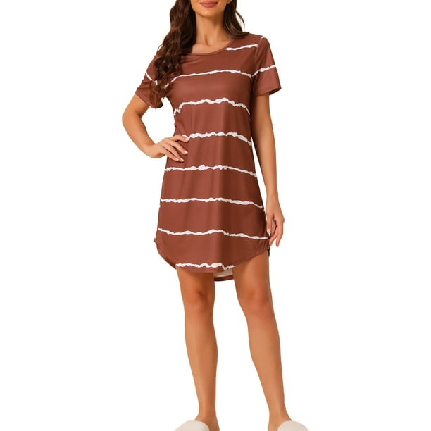 Camisón de noche para mujer INSPIRE CHIC, cuello redondo, mangas cortas, vestido de dormir a rayas, color burdeos
