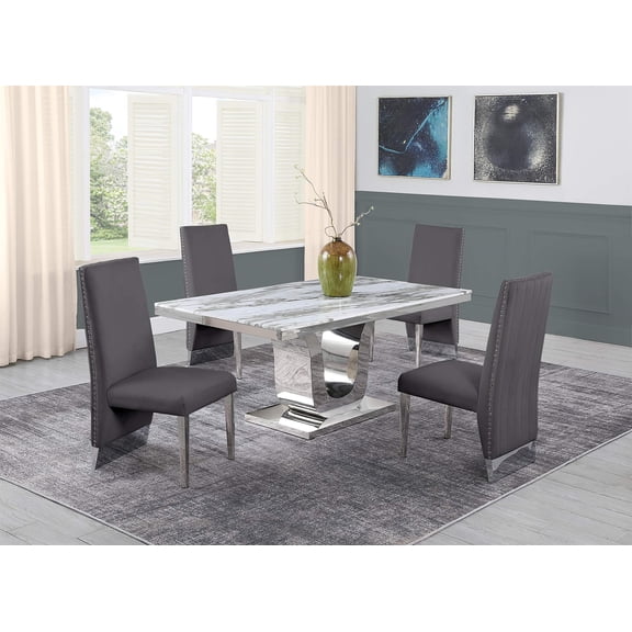 White Marble 5 piece Dining Set with Silver Stainless Steel Base