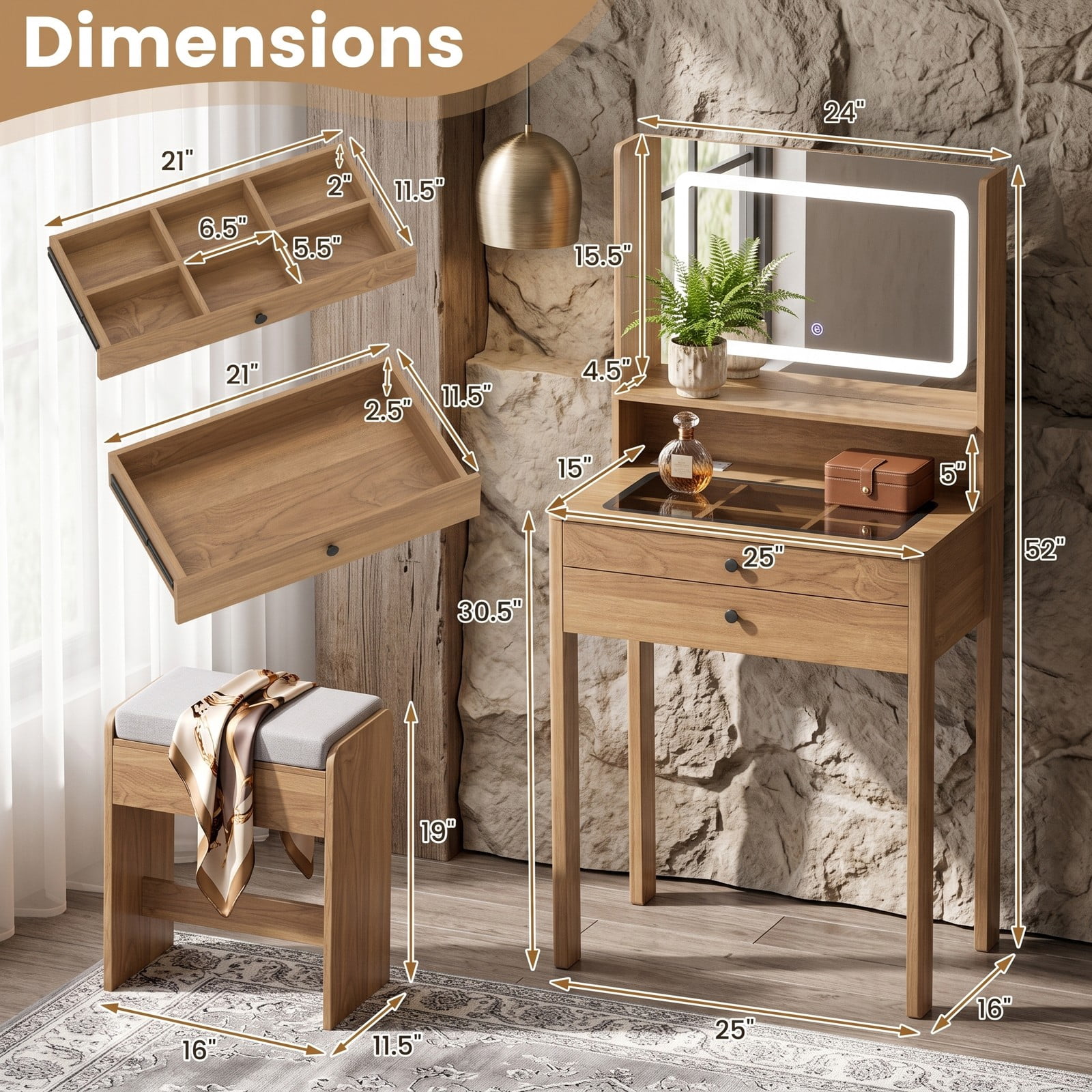 Furnibear Small Vanity Desk with 3 Mode Lighted Mirror and Charging Outlets and Cushioned Storage Stool for Small Bedroom and Makeup, Natural