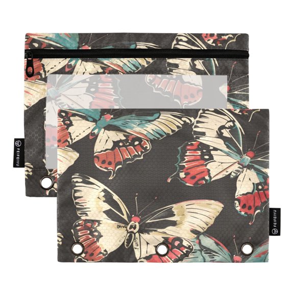 2 Pack Pencil Bag 9.84x6.1 Inch 3-Ring Page Turning Folder Zipper Pencil Case Pencil Bag Page Turning File BagGiant Butterfly