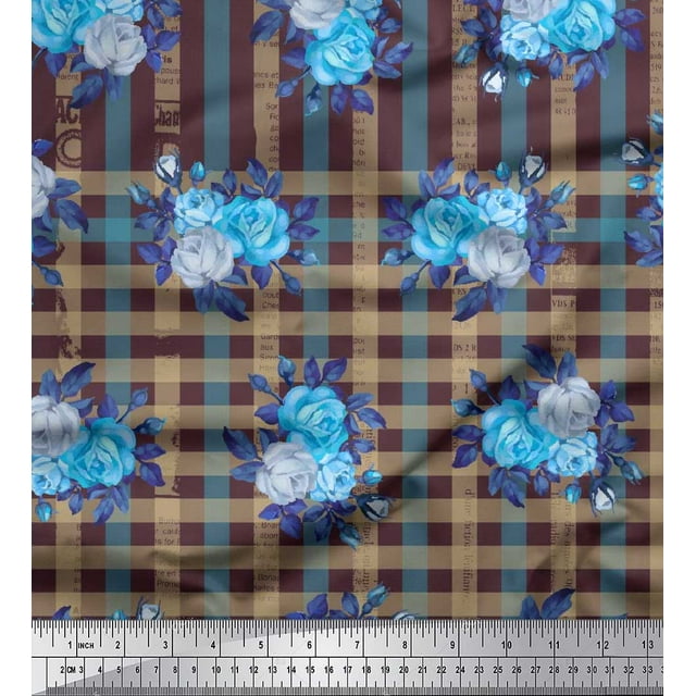 Soimoi Polyester Crepe Fabric Check,Leaves & Rose Flower Print Fabric by The Yard 52 Inch Wide