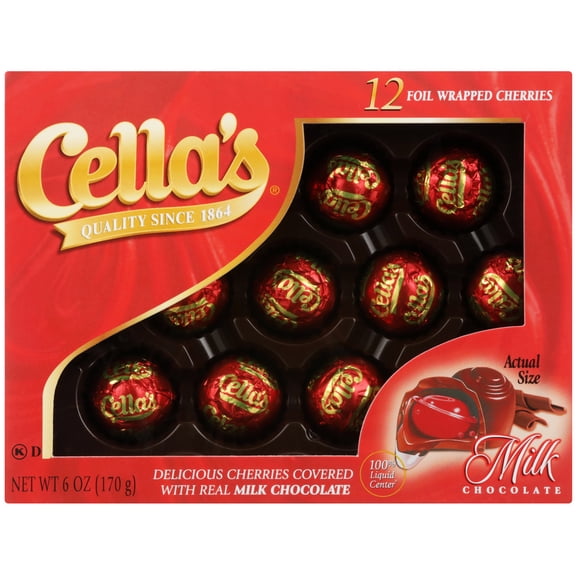 Cella's, Chocolate Covered Cherries, Peanut Free, Gluten Free, 6 oz, 12 Count. Contains Milk and Soy.