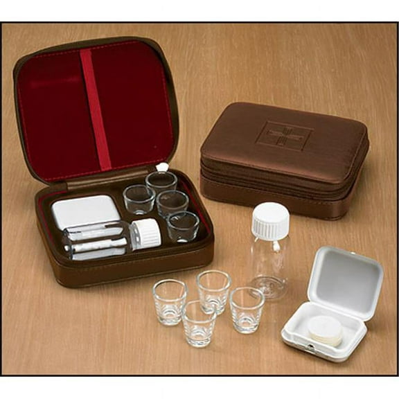 Cross Detail Faux Leather Lined Box 4 Cup Portable Minister Travel Communion Set