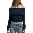 thumbnail image 1 of Gupgi Womens Off Shoulder Sweater Solid Long Sleeve Fold Over Crop Knit Tops Casual Fall Sweater, 1 of 7