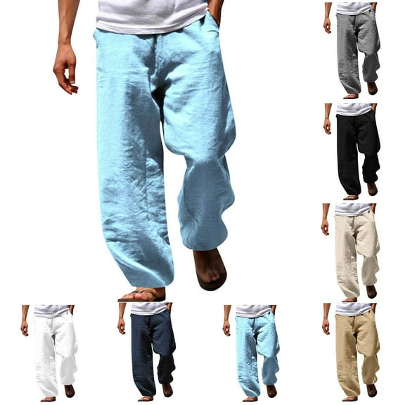 RYDCOT Cotton Linen Pants Men Casual Loose Fit Multi Pocket Elastic Waist Summer Straight Leg Pants White