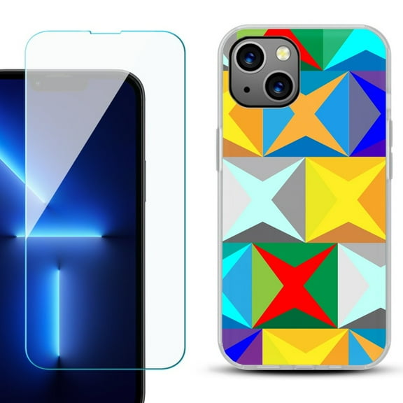 Slim-Fit Gel TPU Phone Case for iPhone 14, with Tempered Glass Screen Protector, by OneToughShield ® - Abstract Color