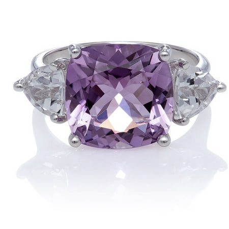 Amethyst Cushion-Cut with White Topaz Trillions Sterling Silver Ring, Size 7