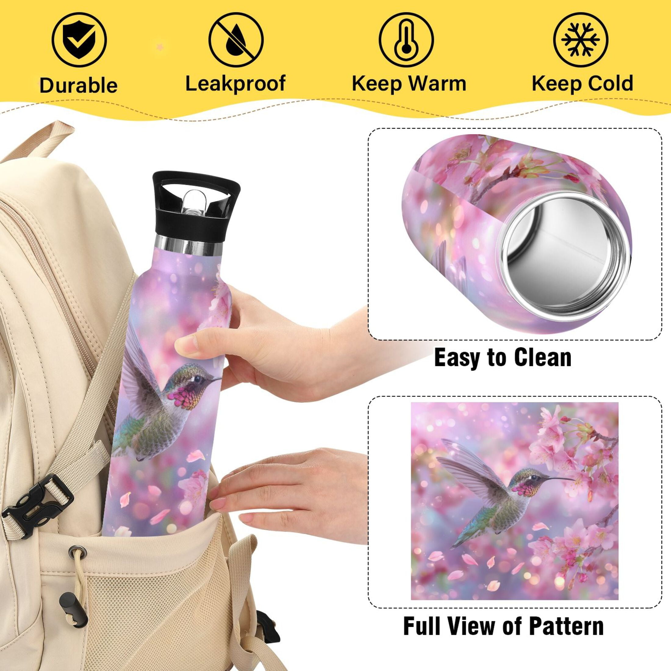Kids Insulated Stainless Steel Sports Water Bottle 600ml (20oz) Beautiful Pink Hummingbird