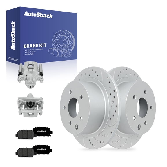 AutoShack Rear Solid Drilled & Slotted Coated Brake Rotors Silver Matte Finish   Premium Ceramic Pads   Calipers 8-PC Brake Kit Replacement for 2007-2012 Nissan Sentra TurboGuard 11.47" (291.4 mm)