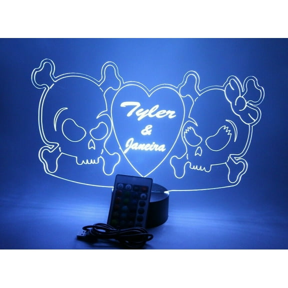Night Light Up Desk Table Lamp LED Personalized Free Engraved Couple Skulls Heart, Our Newest Feature, Most Popular, It's Wow, with Remote 16 Colors Energy Efficient, Great Gift