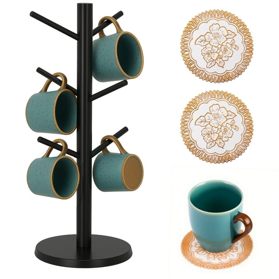 Topsome Mug Holder with 6 Hooks, Coffee Mug Tree Stand Decorative Racks with Coasters, Non-Slip Mug Organizer for Coffee Bar Accon-Slip Mug Organizer for Home