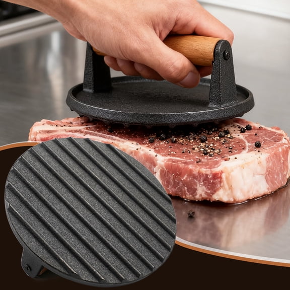 Qiyester Round Wooden Handle Meat Press Plate, Non-stick Cast Iron Hamburger Press Plate Suitable for Frying Pans, Grills, Hamburger Racks