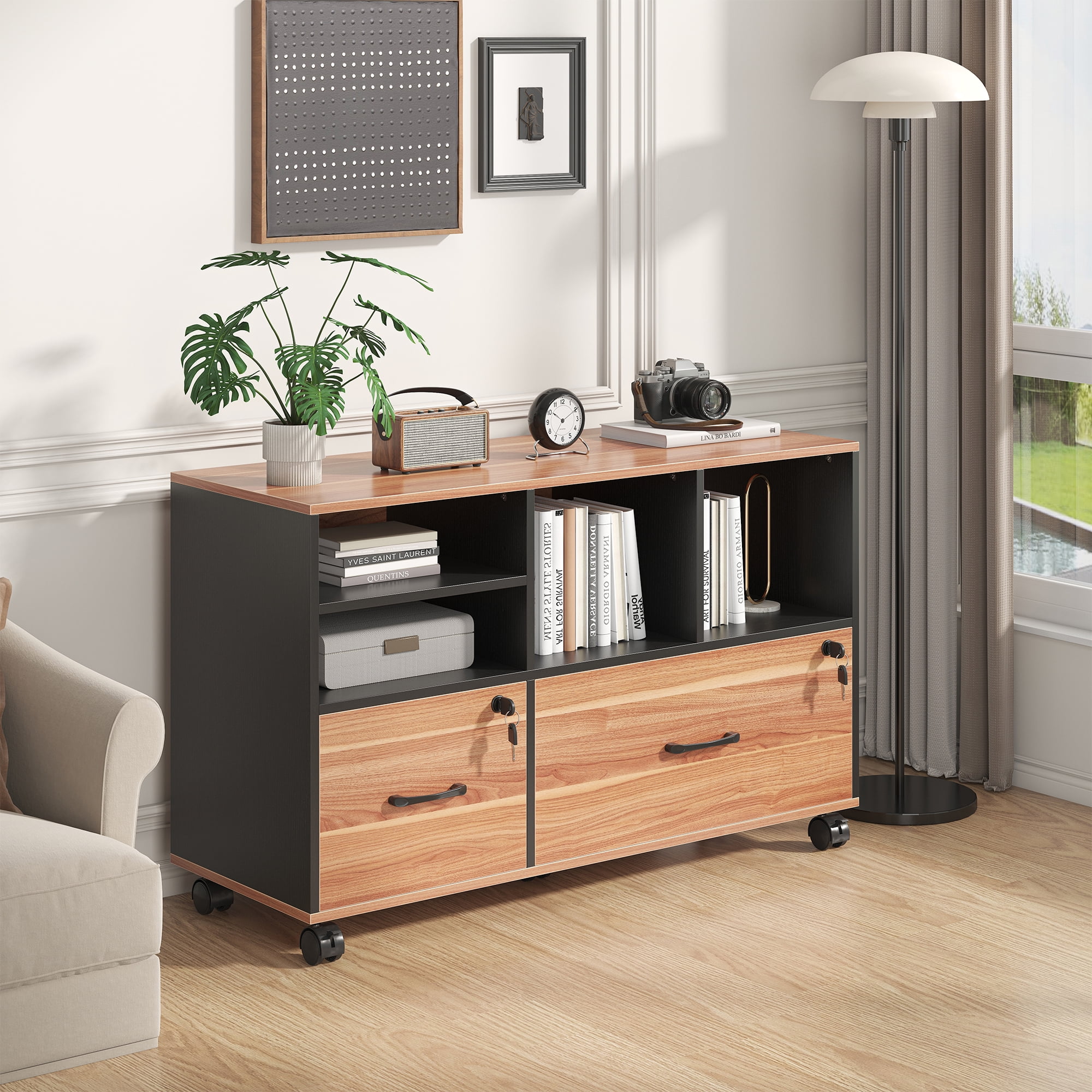 Semoic 2 Drawer File Cabinet for Home Office, Lockable Rolling Filing Cabinet with Adjustable Shelves, Wood Lateral File Cabinet with Lock, Printer Stand Office Storage Cabinet, Rustic Brown & Black