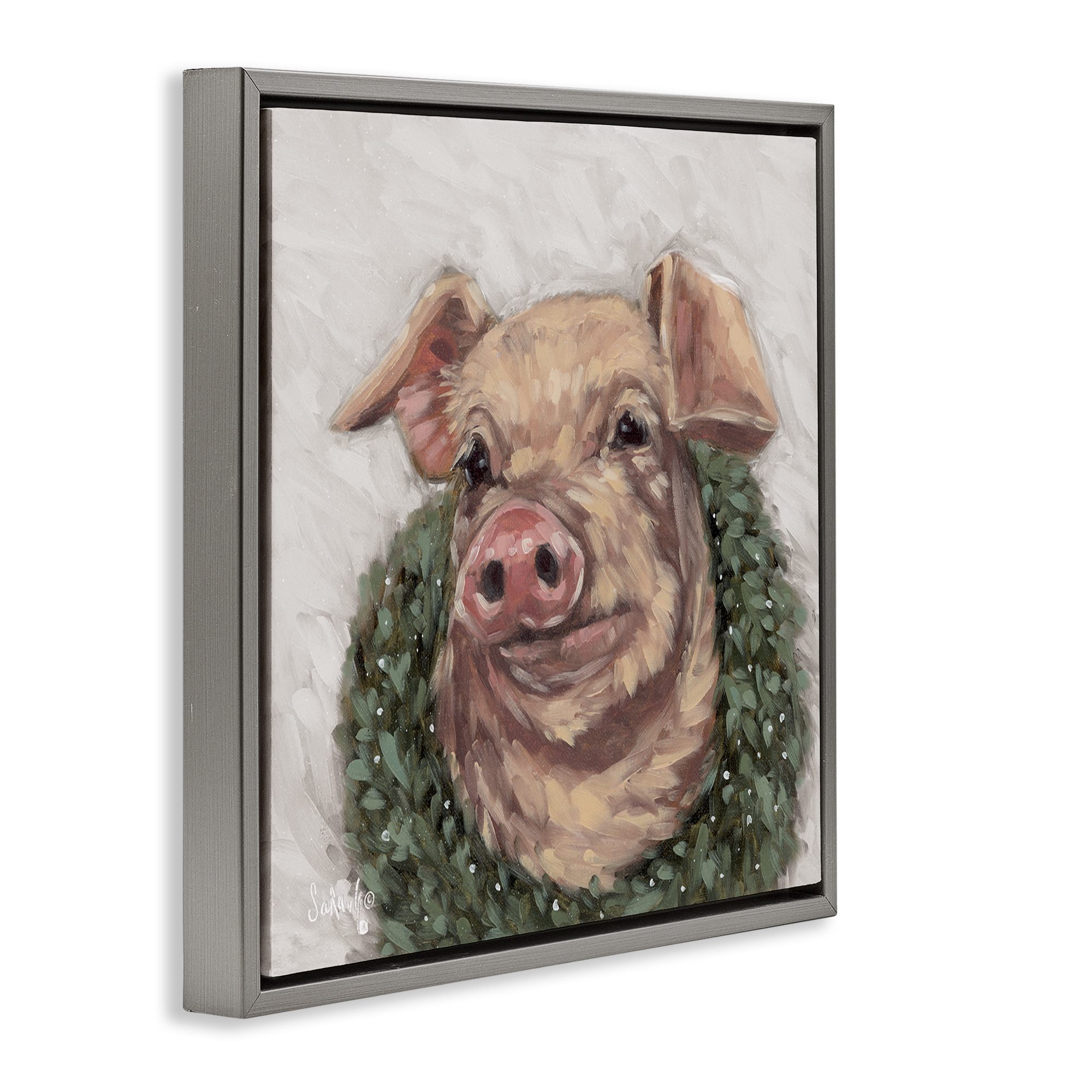 Stupell Industries Pig with Holiday Wreath Holiday Painting Gray Floater Framed Canvas Art Prints Wall Art, 18 x 18