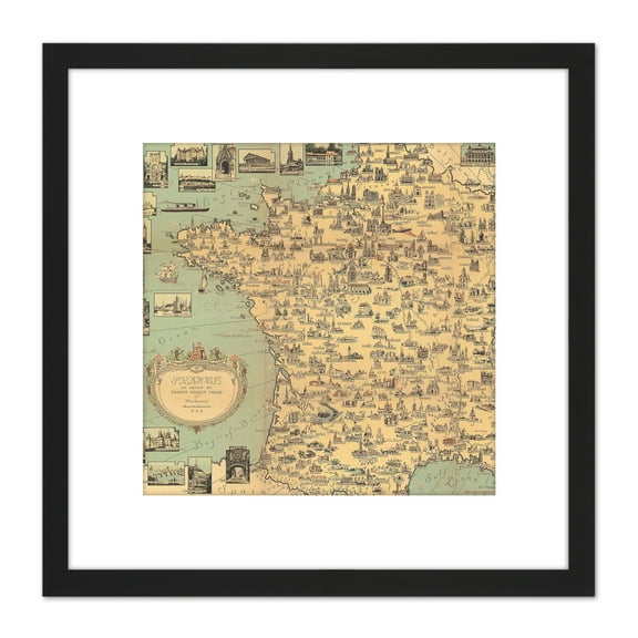 Map Ernest Dudley Chase 1935 France Landmarks 8X8 Inch Square Wooden Framed Wall Art Print Picture with Mount