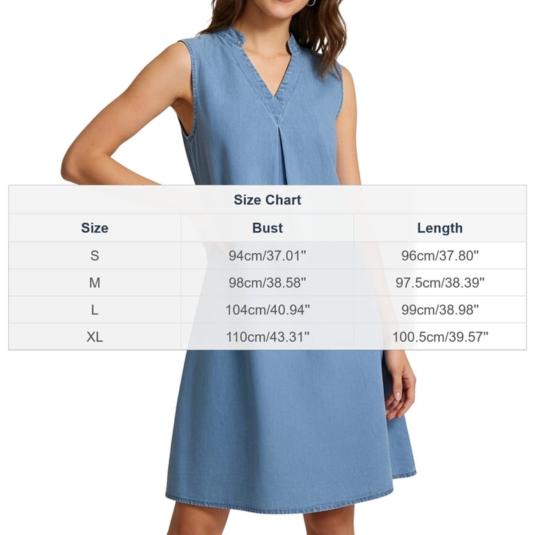 chambray pleated mini pocket dress WHLBF Dresses for Women Sleeveless Denim Mini Round Neck Pleated Casual Chambray Shift with Pockets Dress Blue L, Women's, Size: Large