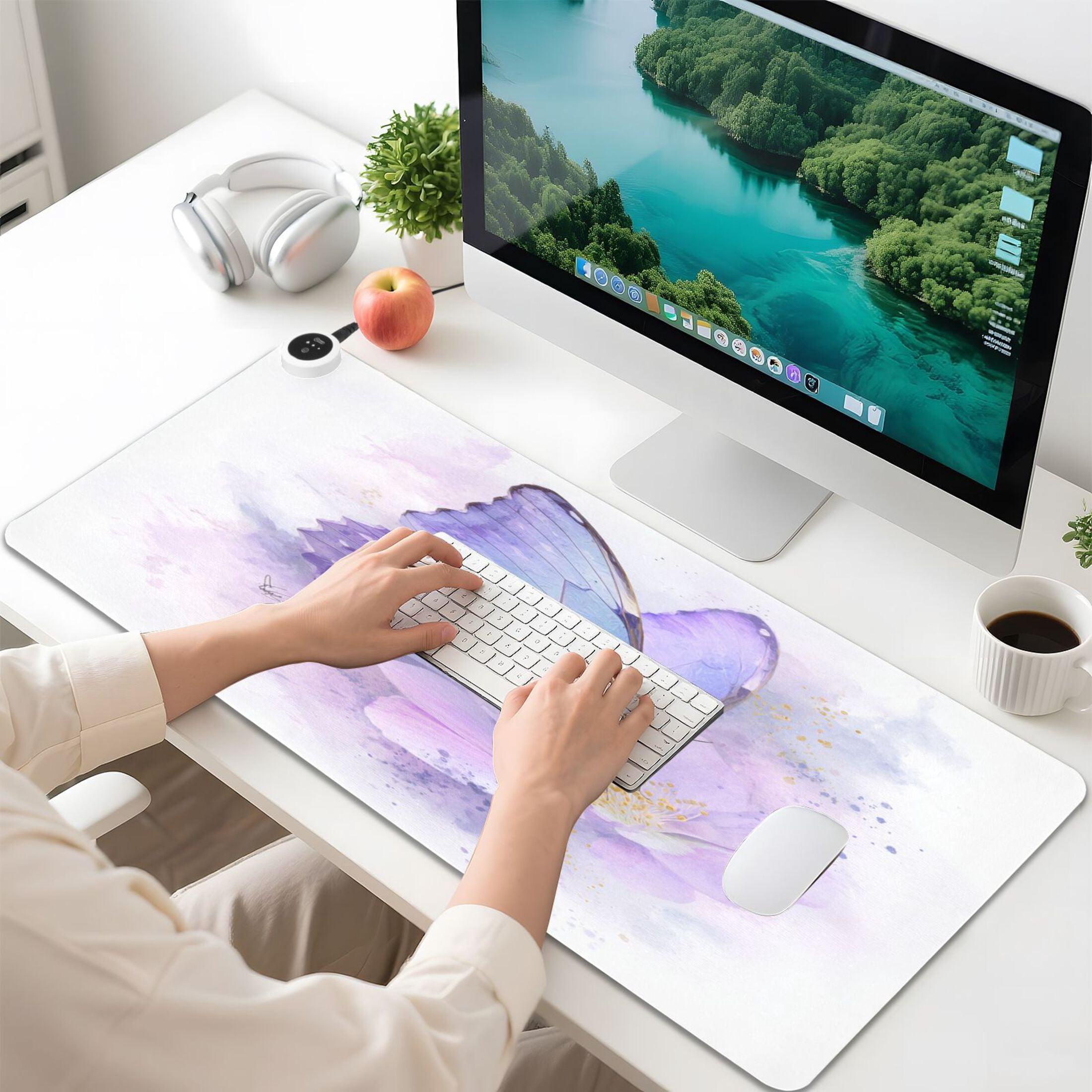 Large Heated Desk Mat Mouse Pad 31.5"x13"PU Leather Graphene Heating Desk Warmer with 3 Temperature Settings 110V US Plug Non-Slip Warm Pad for Home, Office, and Gaming Lavender Dream Of The Morpho