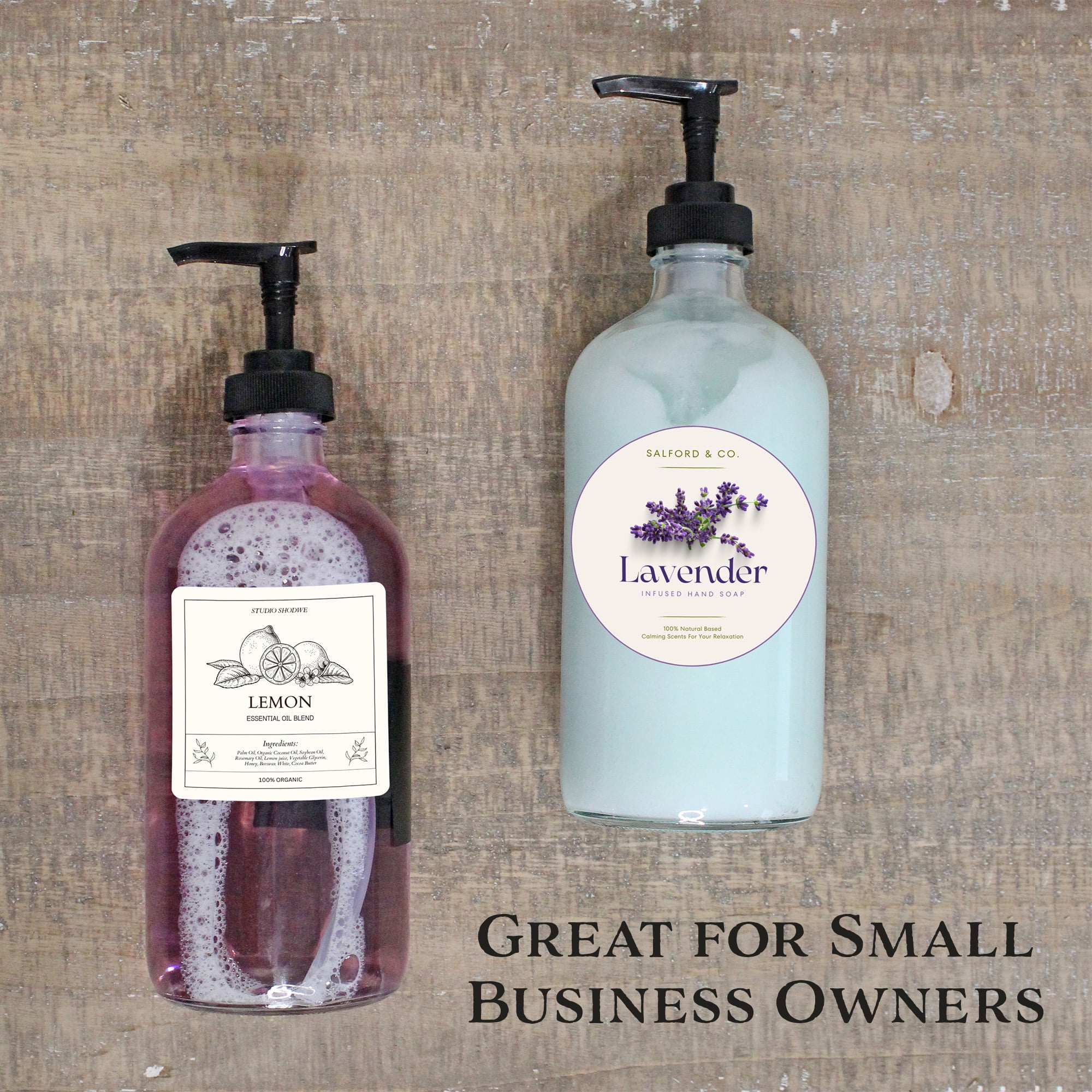 Cornucopia Brands 16-Oz Clear Glass Pump Bottles (2-Pack); Refillable Soap Dispenser Black Lotion Pump Transparent Boston Round Bottles + Chalk Labels & Lids