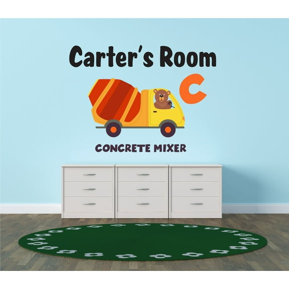 ANIMALS - Adhesive Vinyl Bear Animal Concrete Mixer Driver Decal Letter C Alphabet Design Multicolored Home Wall Decal Sticker - Kids Nursery Bedroom Personalized Name Wall Art Decoration 10" x 7"