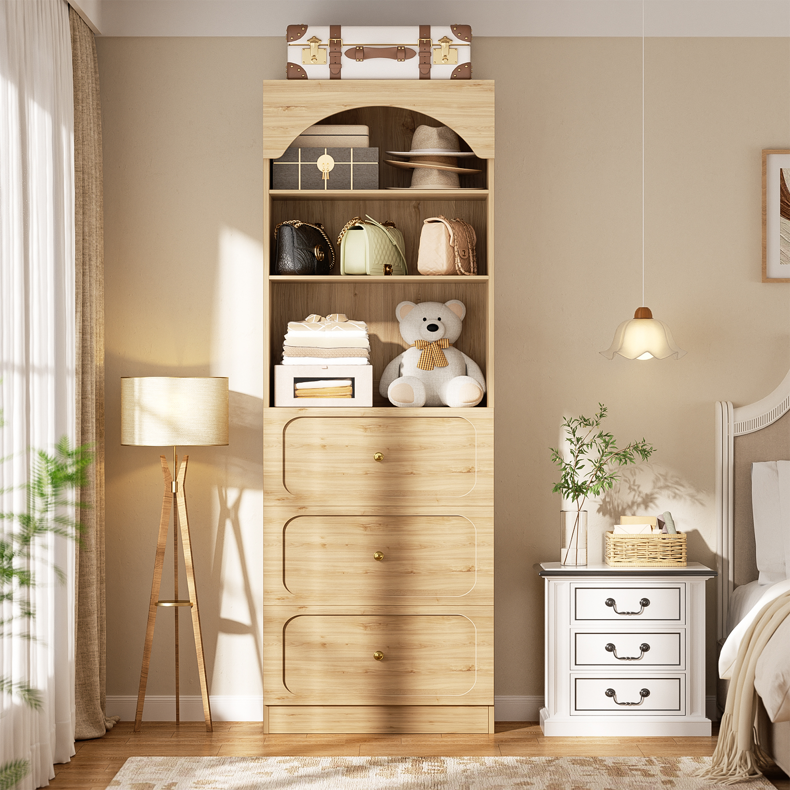 Homieasy 80" Tall Arched Bookcase with 3 Drawers & 3 Open Shelves - Wooden Storage Cabinet for Living Room, Kitchen, Office,Brown