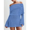 thumbnail image 4 of Women'S Off Shoulder Mini Skirt Bodycon Long Sleeve Crochet Out Going Mesh Elegant Sweater Dress Blue S, 4 of 8