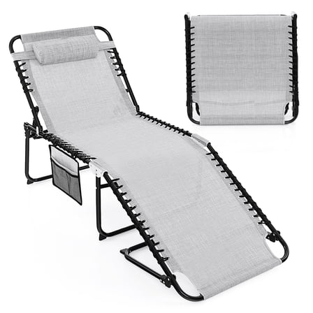 LINJH Folding Reclining Lounge Chaise 4-Position Backrest Portable Beach Chair Grey