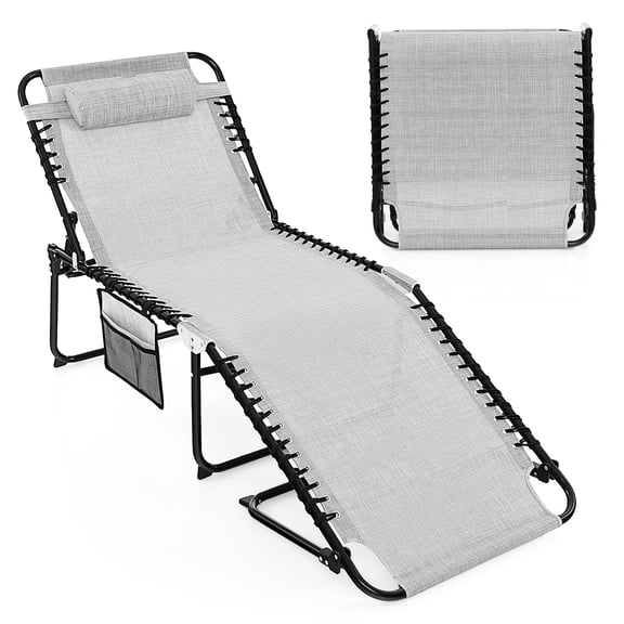 LINJH Folding Reclining Lounge Chaise 4-Position Backrest Portable Beach Chair Grey
