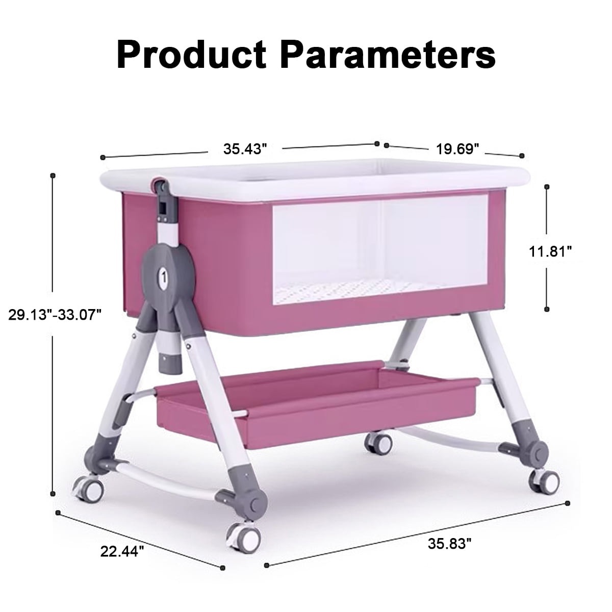 SLLINGLUO Baby Bassinet with Wheels & Changing Table, 5-Level Height Adjustable Folding Bedside Crib, Pink