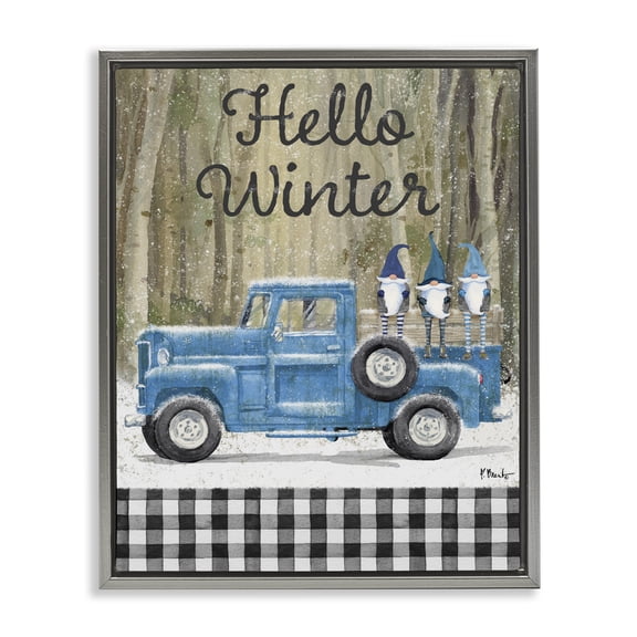 Stupell Industries Farmhouse Hello Winter Plaid Gnomes Gray Floating Frame Canvas Art, 17 x 21, by Paul Brent