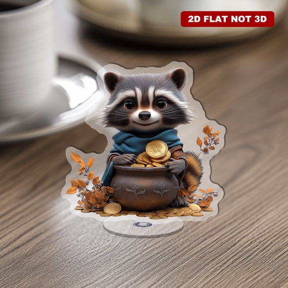 Rotating acrylic display featuring a cartoon raccoon with a blue scarf sitting on a pot of gold surrounded by flowers and holding a large coin