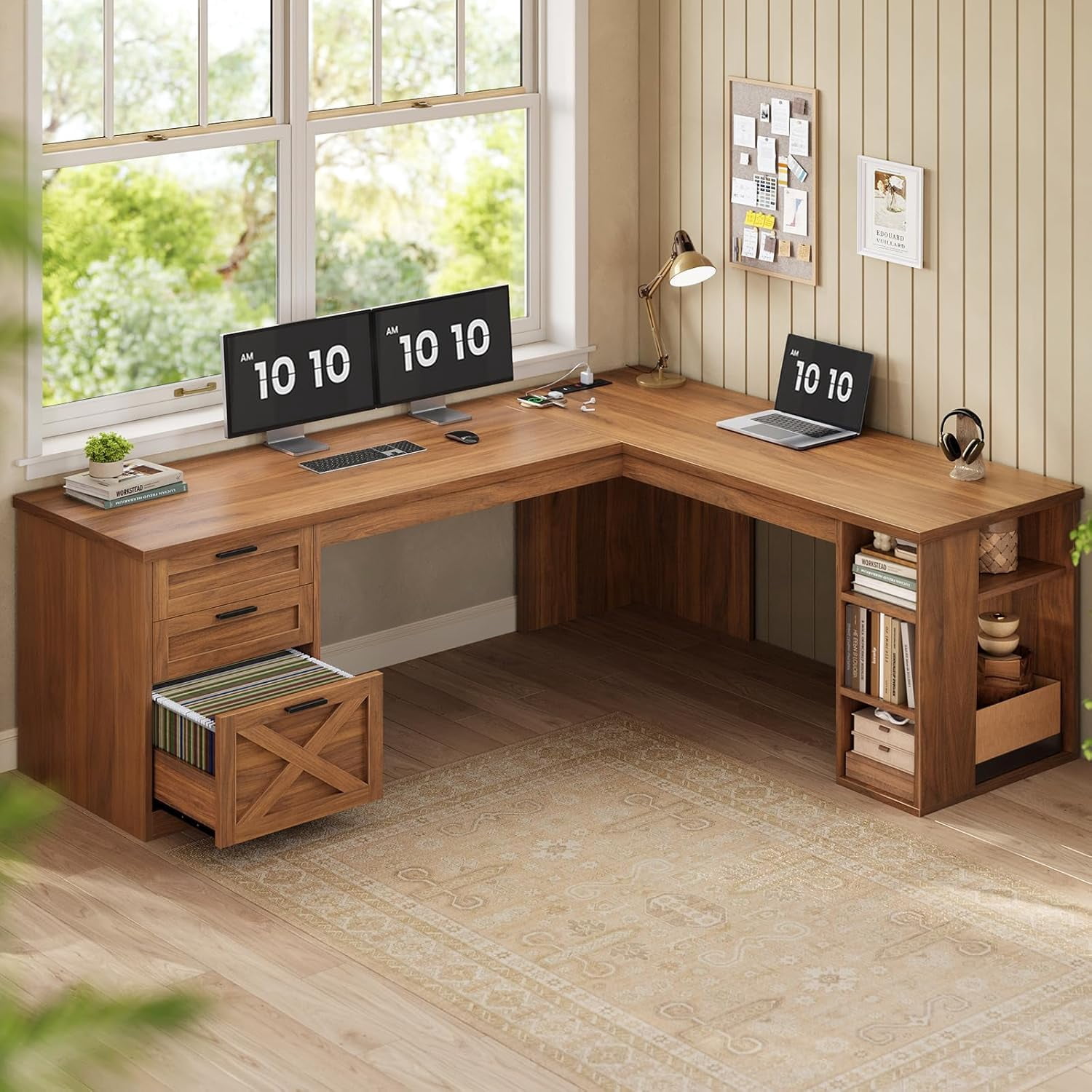 Farmhouse L Shaped Desk with Storage, Home Office Desk with Power Outlets & File Drawer, Corner Computer Desk with Spacious Desktop & Open Shelves, Office Desk with 3 Drawers for Bedroom, Brown