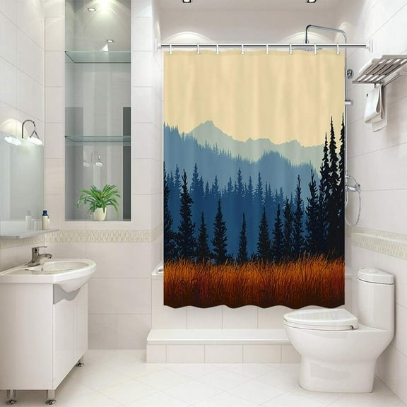 RV Shower Curtain for Camper Trailer Camping Bathroom, Grassy Meadow and Blue Coniferous Forest Hills, Shorter and Narrow Shower Curtain with Hooks Set, 72X72in