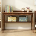 thumbnail image 4 of Solid Wood Writing Desk with 2 Drawers and Storage Shelf, Mid-Century Modern Home Office Desk for Small Spaces and Study, Walnut, 4 of 11