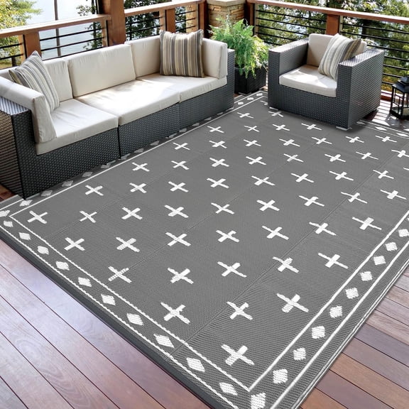 Outdoor Striped Mats Modern Geometric Woven Plastic Straw Rug Grey Low Pile Large Area Rugs for Camping Garden Backyard Easy Care Portable Carpet 10x14ft