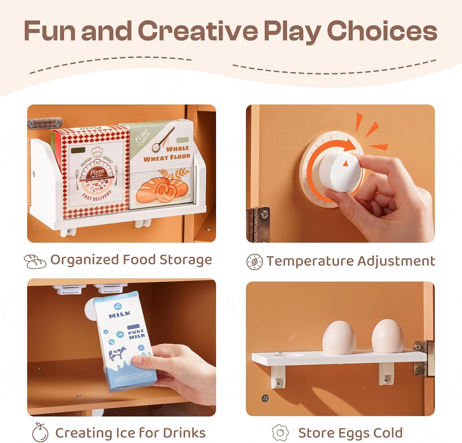 Robud Play Kitchen for Toddlers,Fridge Refrigerator with Ice Dispenser,Wooden Kids Play Kitchen Playset Toy,Gift for Ages 3+,Caramel