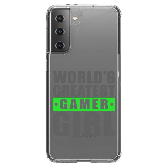 DistinctInk Clear Shockproof Hybrid Case for Galaxy S21  PLUS 5G (6.7" Screen) - TPU Bumper Acrylic Back Tempered Glass Screen Protector - World's Greatest Gamer Girl Video Games