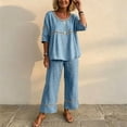 thumbnail image 2 of Morrtic Women's Eyelet Spliced 2 Piece Solid Color Set – Round Neck Half Sleeve Blouse & Wide-Leg Pants, Summer Casual Outfit Light Blue，XXXL, 2 of 6