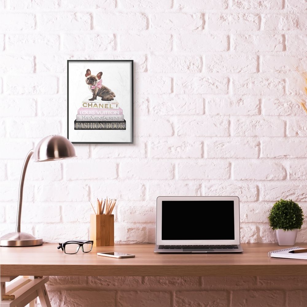 Stupell Industries Pink Bow Dog Gold Black Bookstack Glam Fashion Pet Design Framed Wall Art by Amanda Greenwood