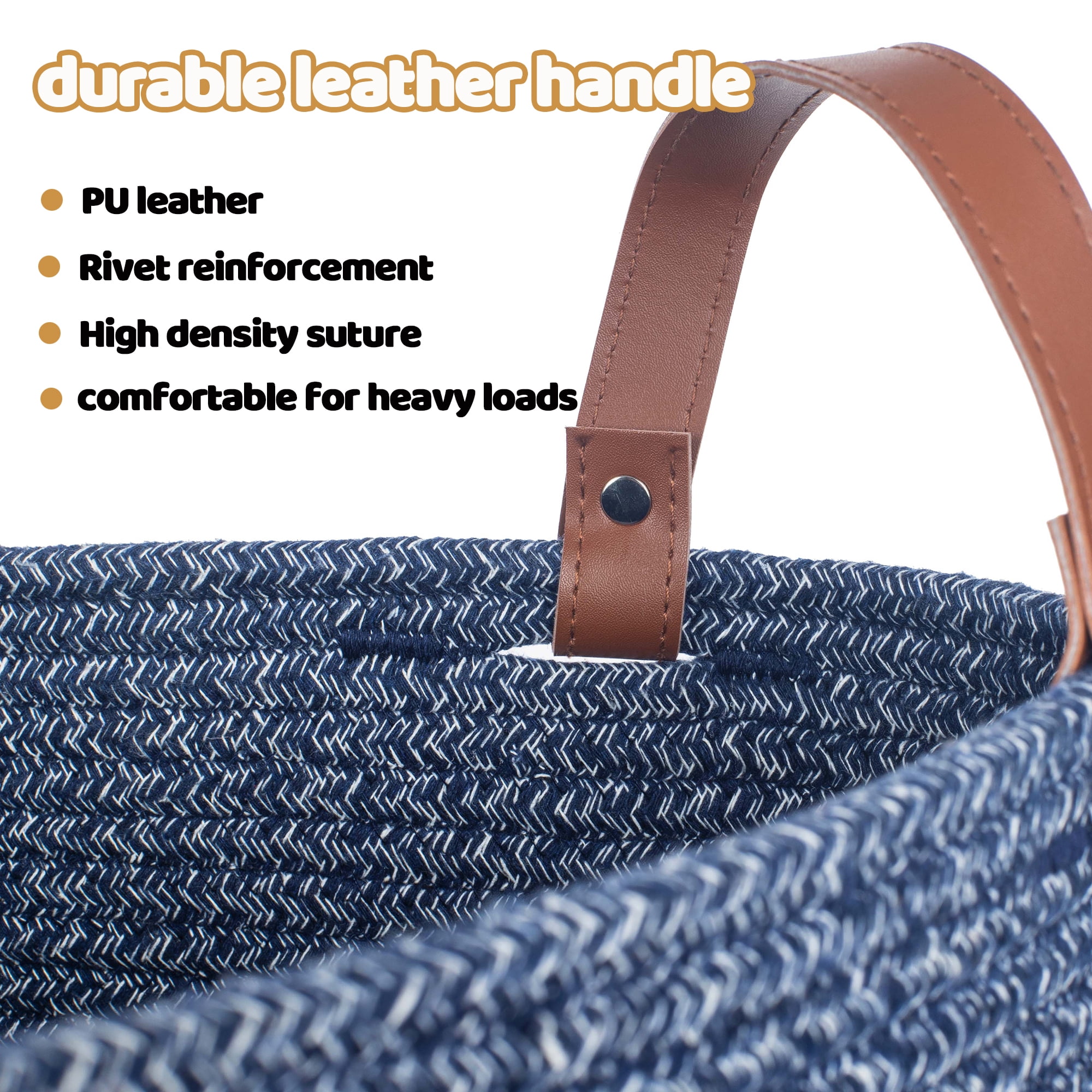 Caroeas XXXL Extra Large Rope Basket, 16''x20'' Woven Storage Basket with Leather Handles, Blanket Basket for Living Room, Tall Nursery Basket, Storage Organizer, Blue