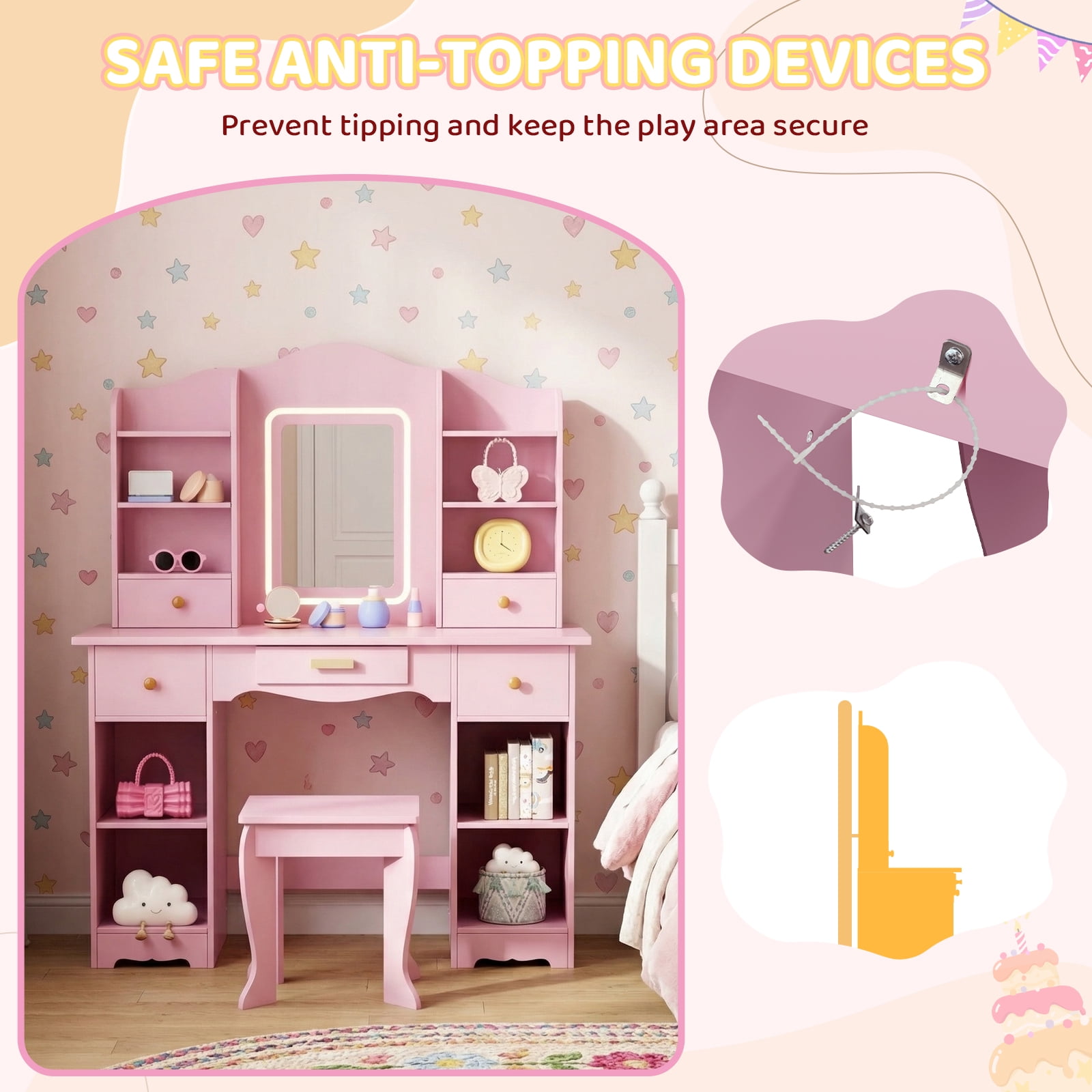 Pirecart Kids Vanity Set, Children Dressing Table and Chair with Mirror Drawer, 3 Color Lights, Large Storage, Detachable Shelf, Pink